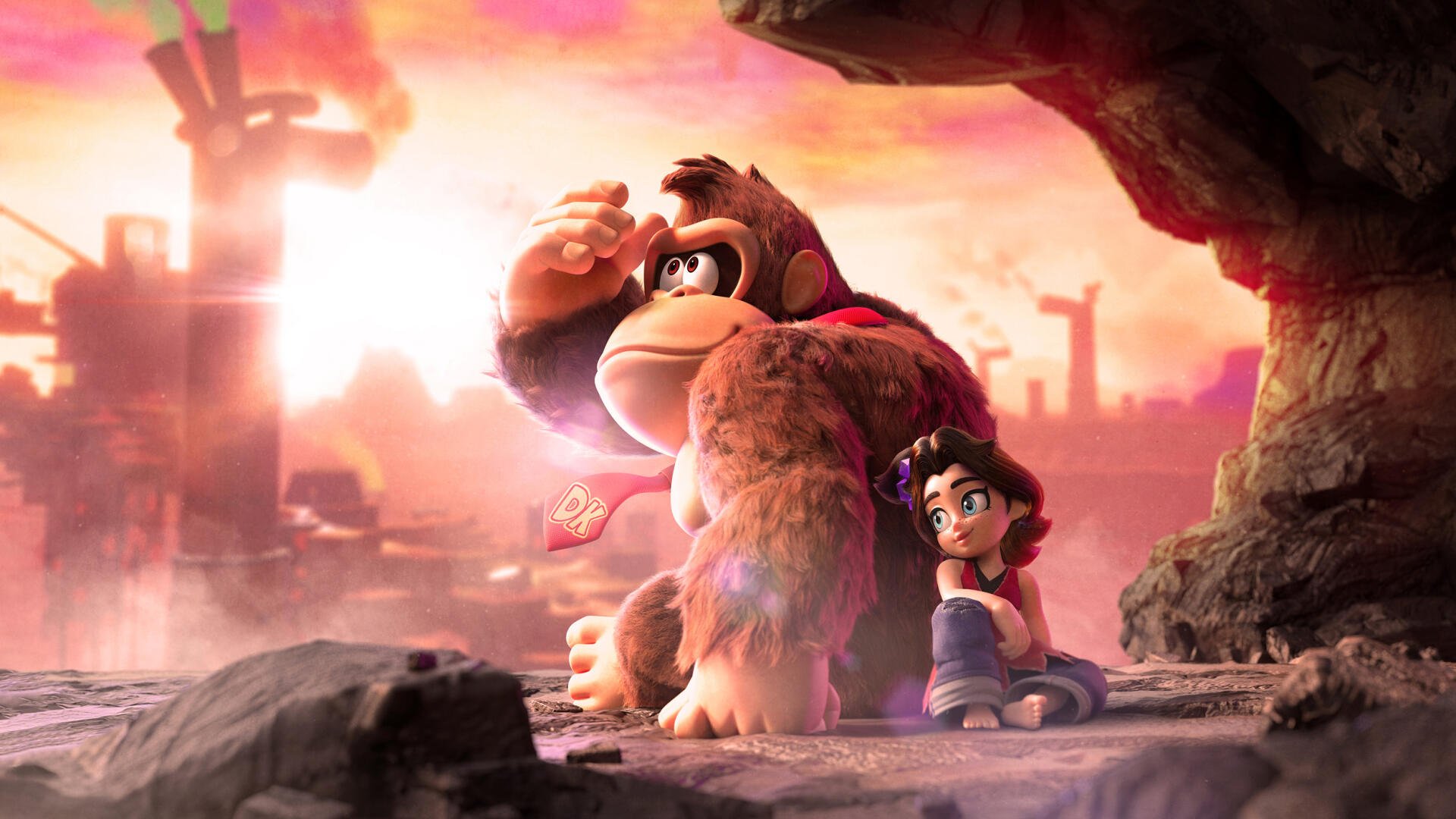 HD PC desktop wallpaper featuring Donkey Kong and Pauline from Donkey Kong Bananza, set against a vibrant, glowing sunset backdrop.