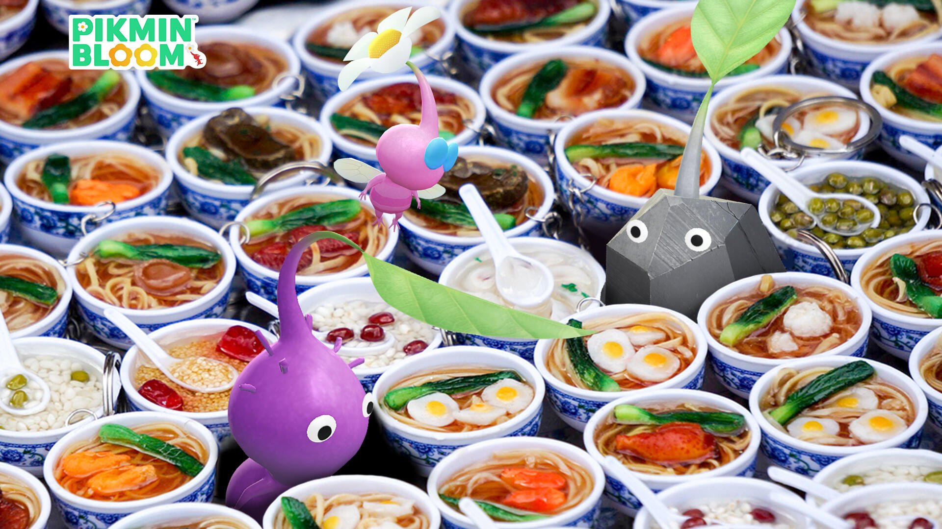 HD PC desktop wallpaper featuring colorful Pikmin characters exploring a vibrant, detailed array of various bowls of soup.