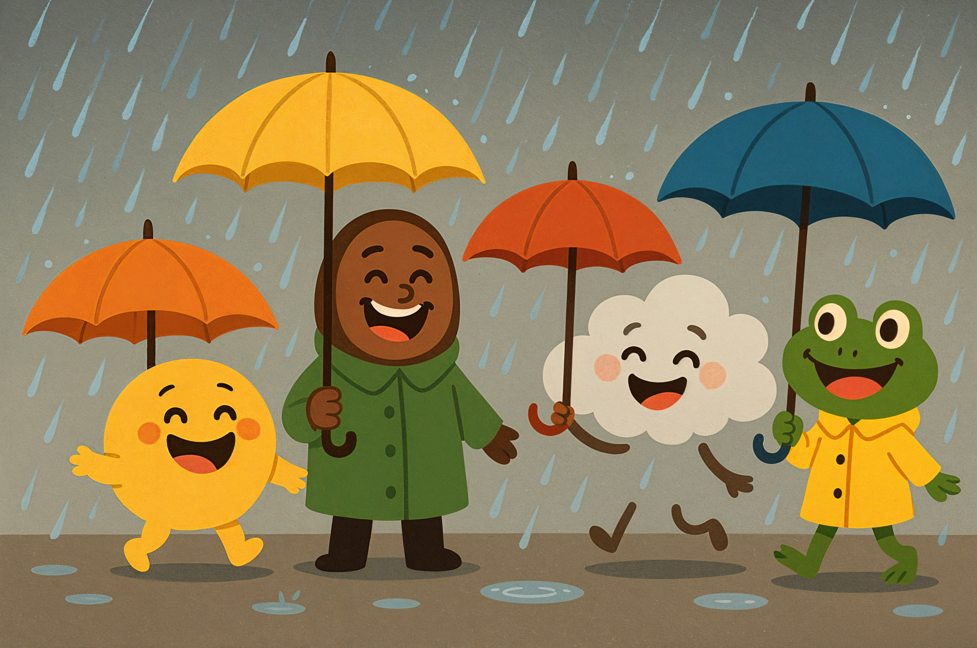 4K Ultra HD wallpaper featuring cheerful characters holding colorful umbrellas in rainy weather, capturing a playful and vibrant atmosphere.