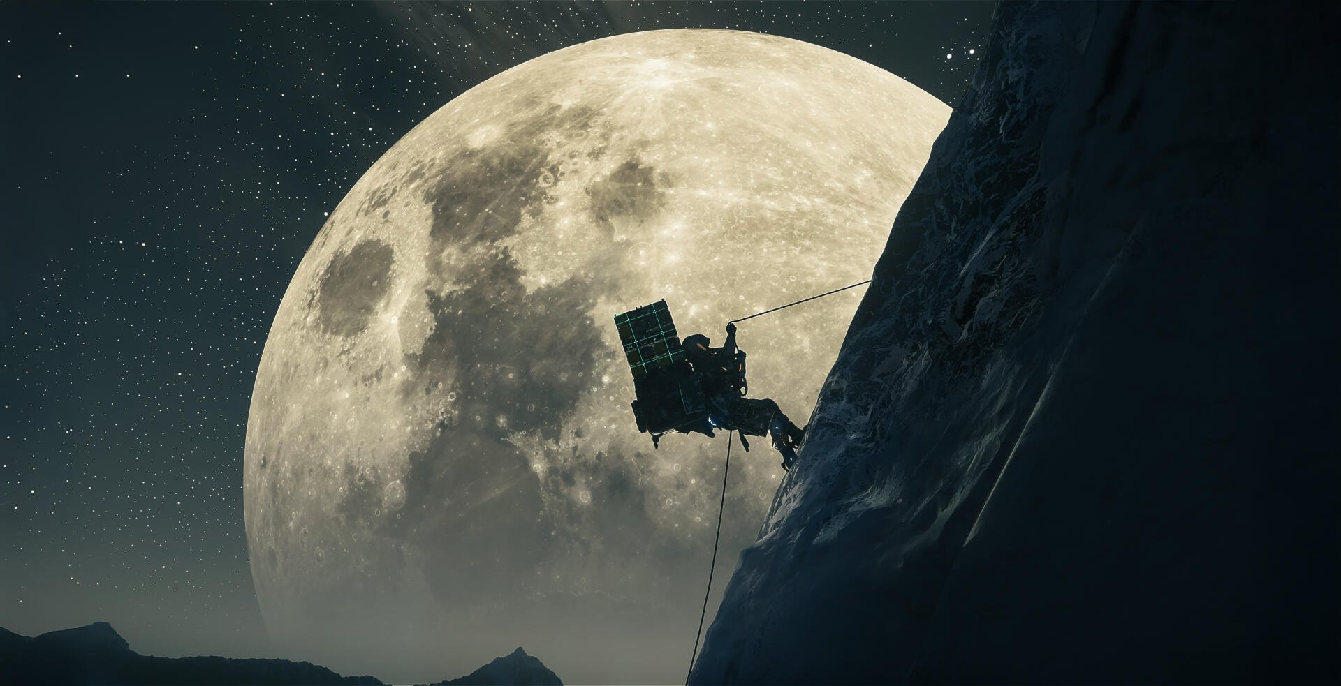 A 4K Ultra HD desktop wallpaper featuring a climber silhouetted against a massive moon, inspired by the video game Death Stranding 2: On The Beach.