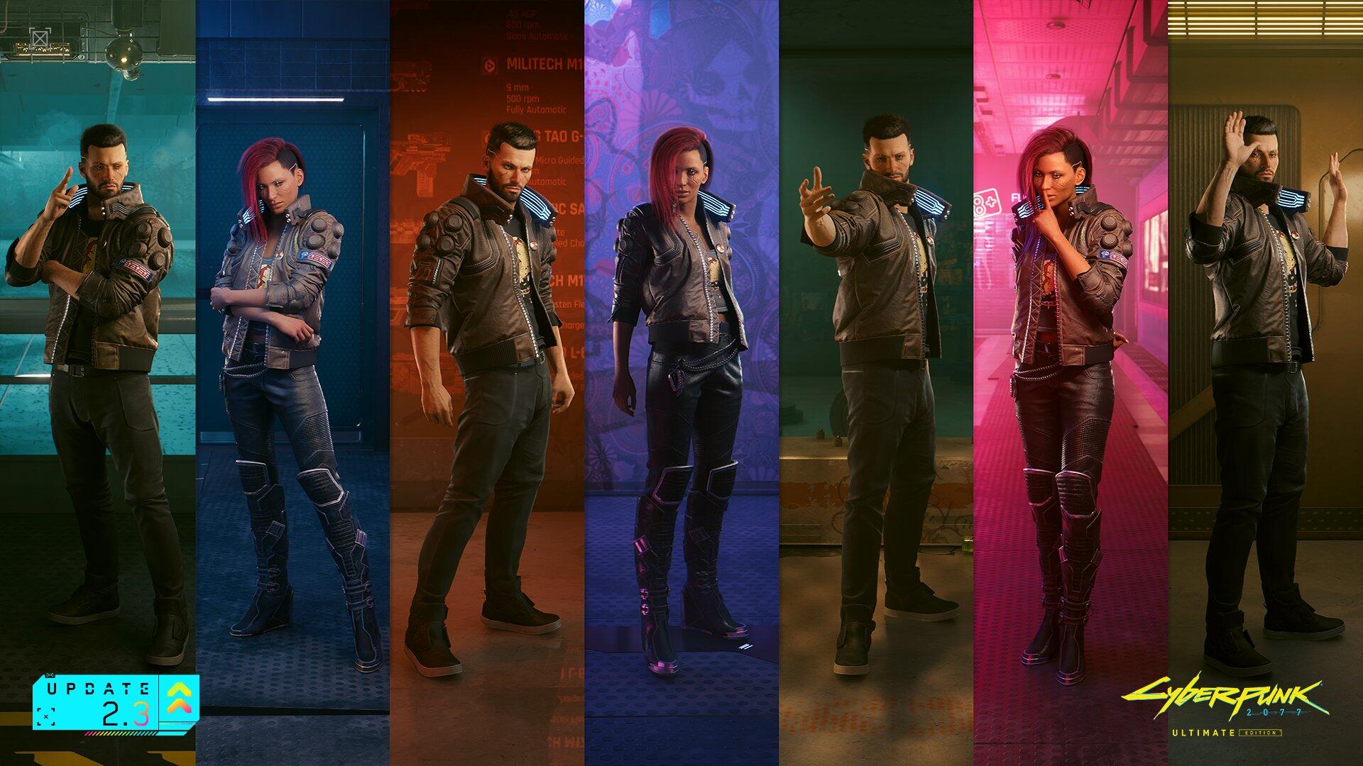 HD PC desktop wallpaper featuring characters from the video game Cyberpunk 2077, each standing in colored vertical panels with futuristic urban backgrounds.