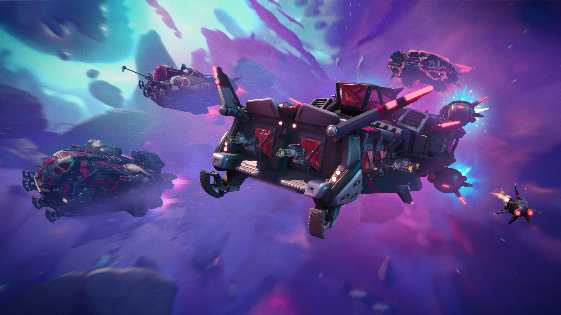 4K Ultra HD PC wallpaper featuring a detailed spaceship from the video game Wildgate, set against a vibrant, colorful cosmic background.