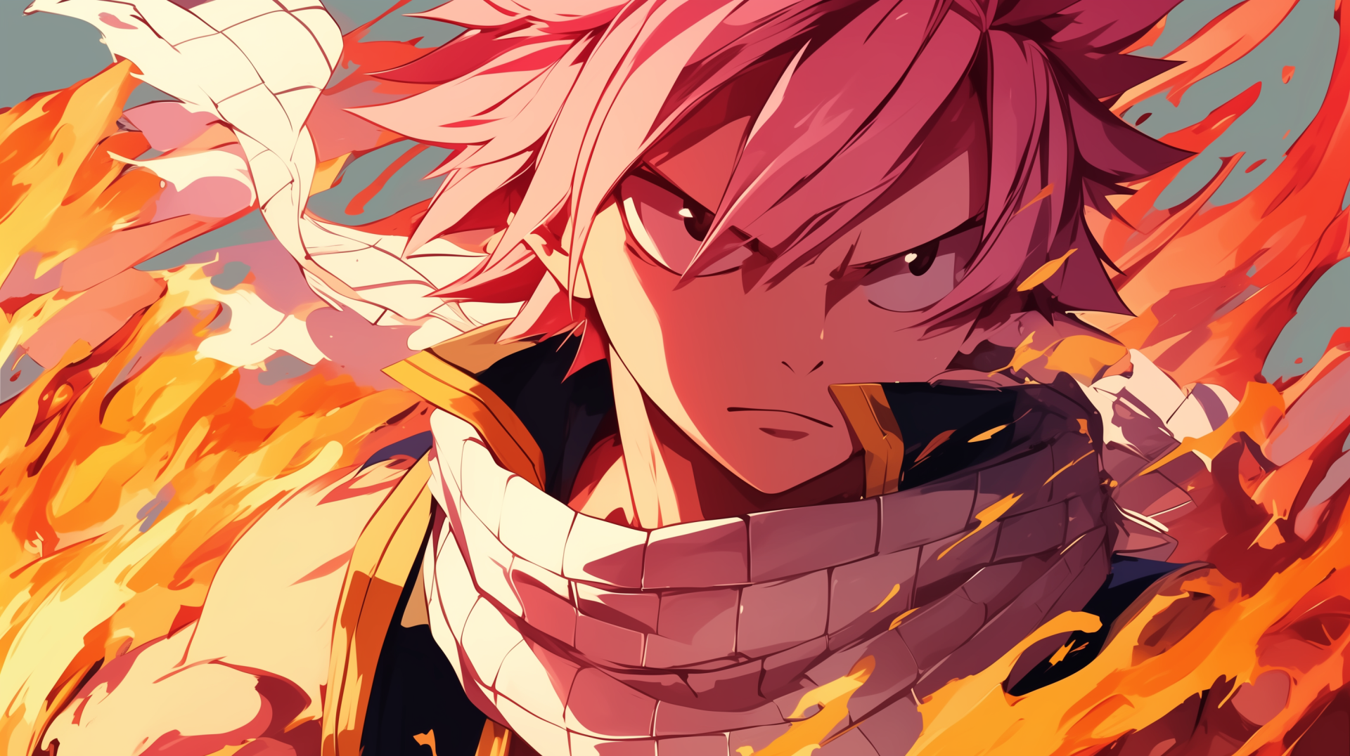 HD anime desktop wallpaper featuring Natsu Dragneel from Fairy Tail, surrounded by dynamic flames and intense expression.