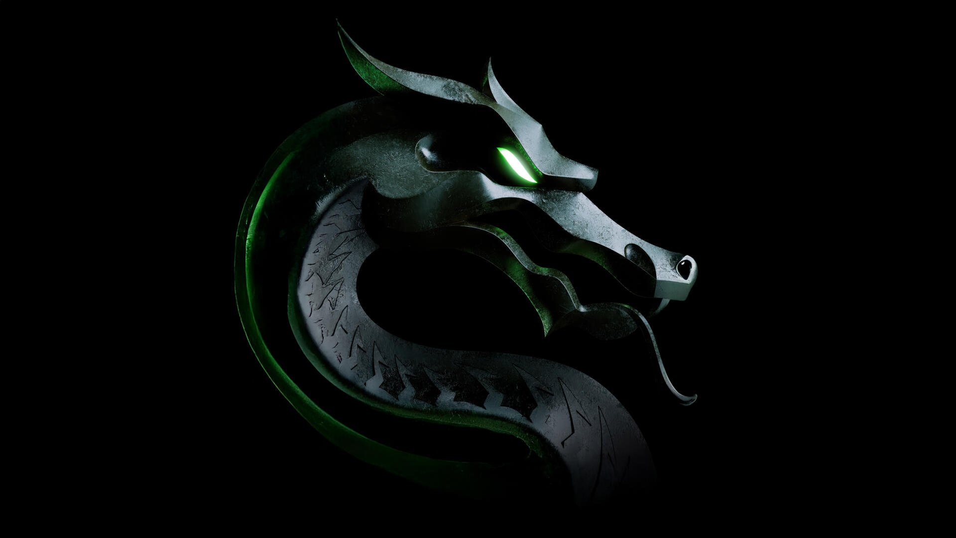 Mortal Kombat 2 (2025) 4K Ultra HD PC desktop wallpaper featuring a detailed, glowing dragon emblem on a black background.