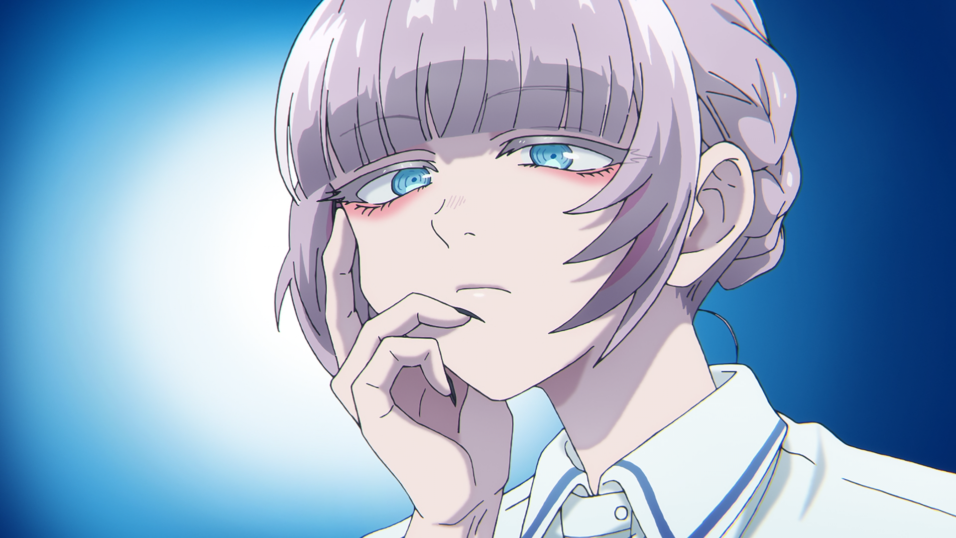 HD anime desktop wallpaper featuring Nazuna Nanakusa from Call of the Night, with a close-up of her thoughtful expression against a blue gradient background.