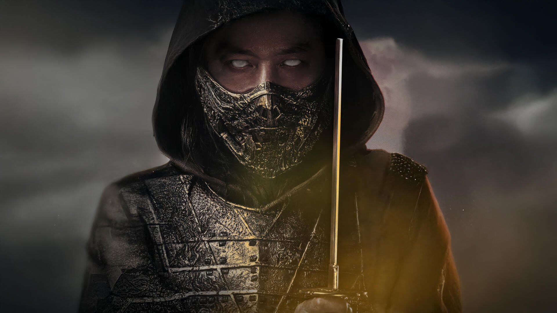 Dark, hooded warrior from Mortal Kombat 2 (2025) holding a sword, featured in a 4K Ultra HD PC desktop wallpaper and background.
