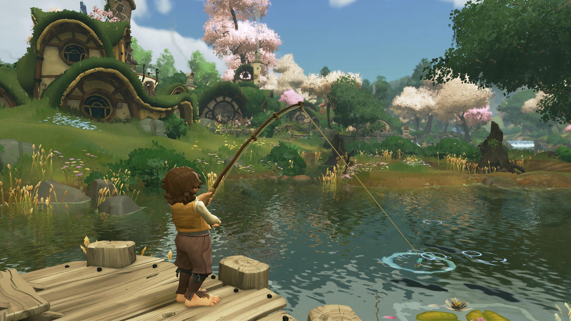 4K Ultra HD PC wallpaper from the video game Tales of the Shire: A The Lord of the Rings Game, showing a character fishing by a peaceful pond in a vibrant, lush village.