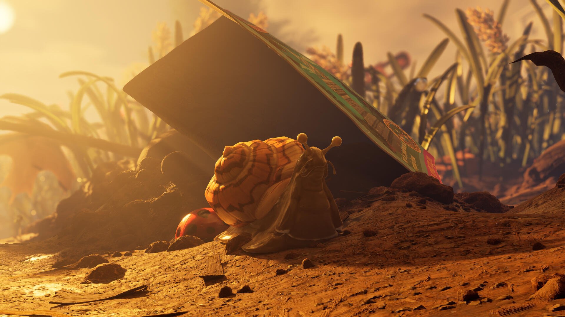 Close-up of a slug crawling on dirt under a leaf in a 4K Ultra HD PC wallpaper from the video game Grounded 2.