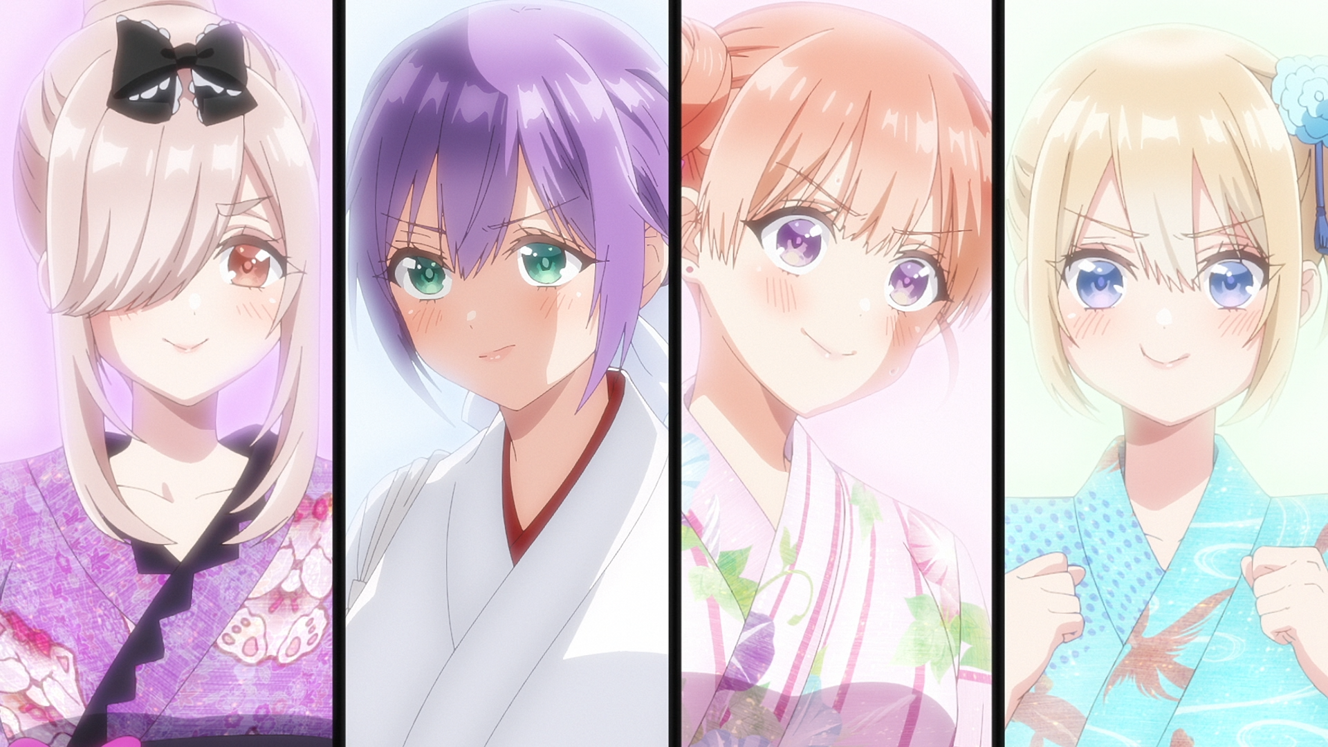 HD PC desktop wallpaper featuring four anime characters from A Couple of Cuckoos, each framed separately with distinct hairstyles and traditional attire.