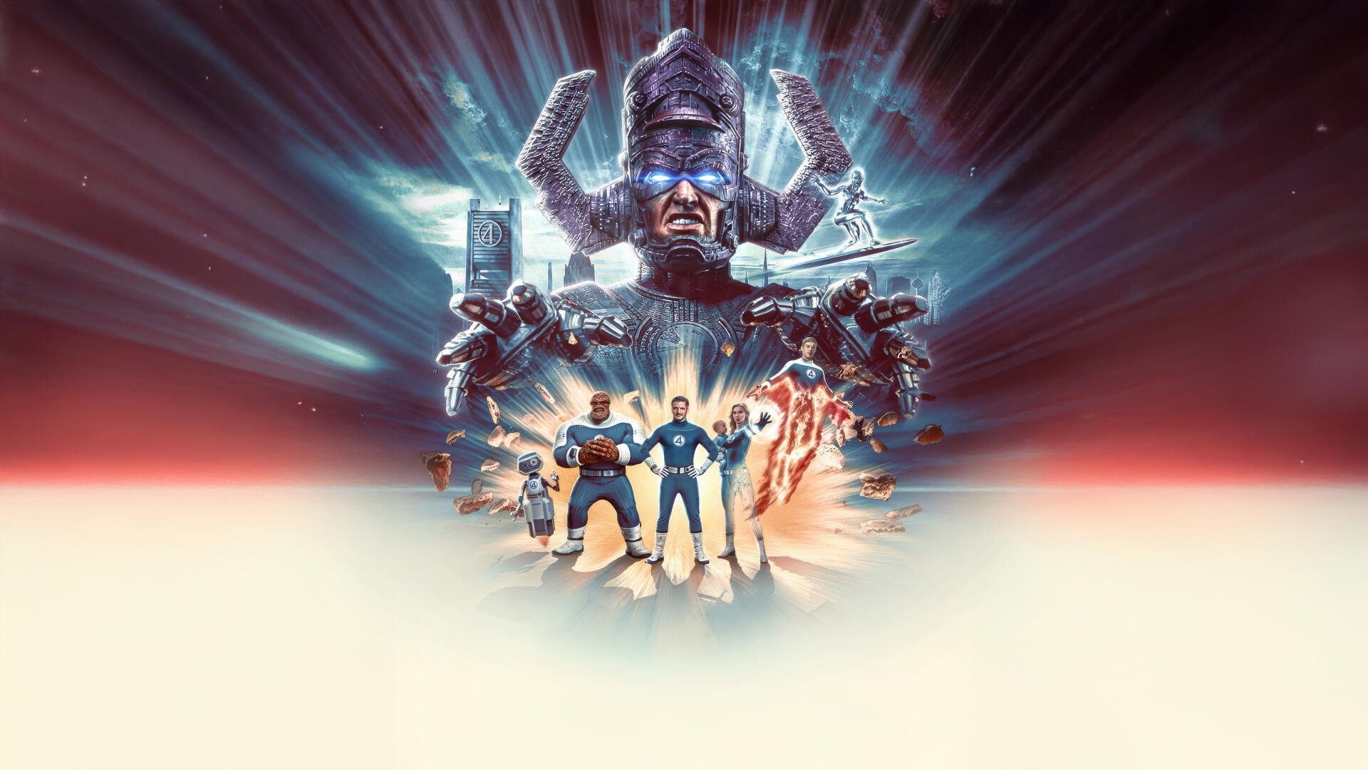 4K Ultra HD PC desktop wallpaper of The Fantastic Four: First Steps featuring the team in front of a cosmic background with Galactus looming above.