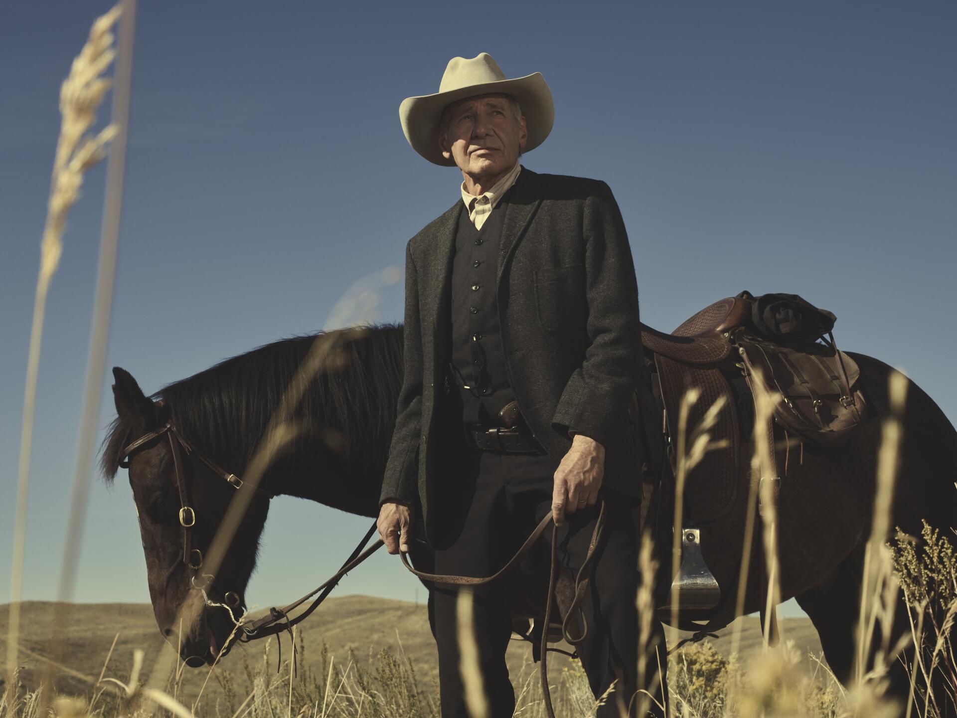 Harrison Ford in character from the TV show 1923, standing in a field beside a saddled horse, captured in 8K Ultra HD for PC desktop wallpaper.