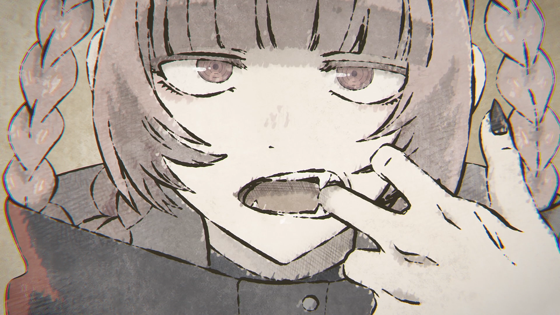 HD anime wallpaper featuring Nazuna Nanakusa from Call of the Night, captured in a close-up with expressive eyes and braided hair.