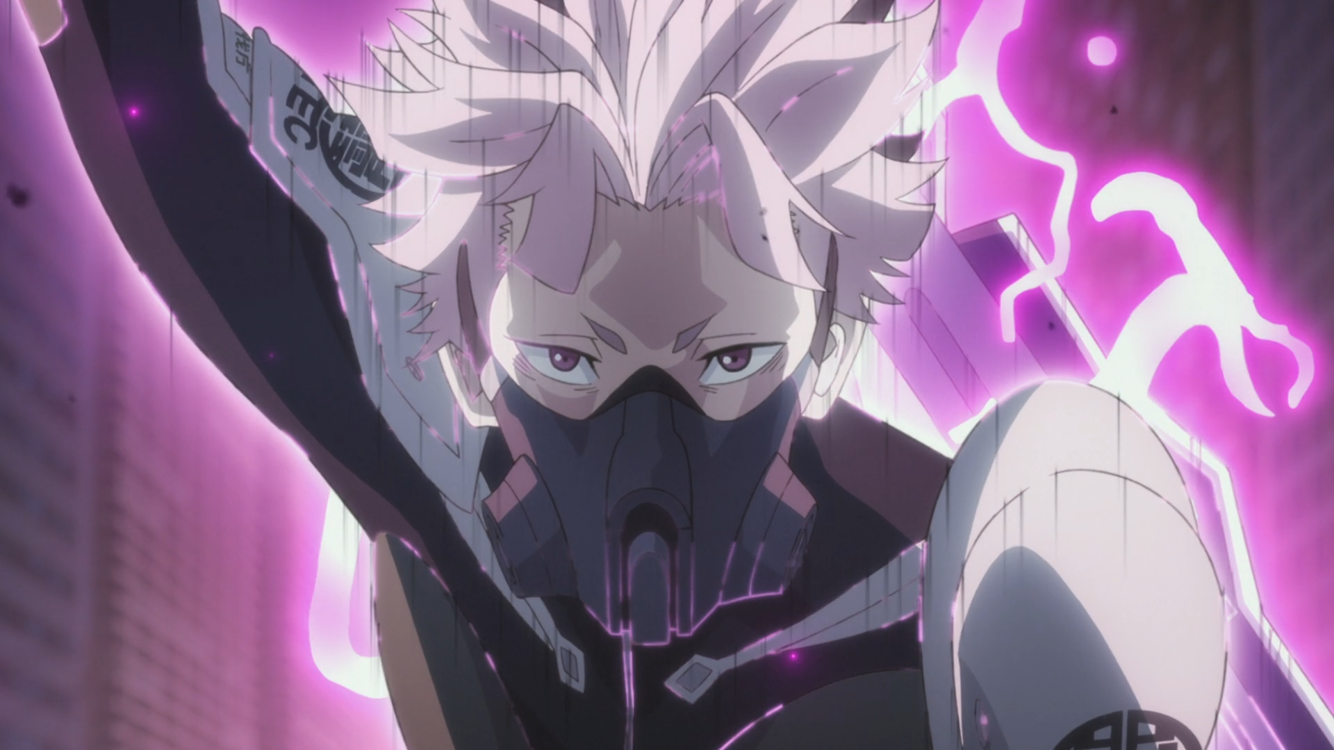 HD PC desktop wallpaper featuring Gen Narumi from the anime Kaiju No. 8, showcasing his intense expression and dynamic purple energy aura.