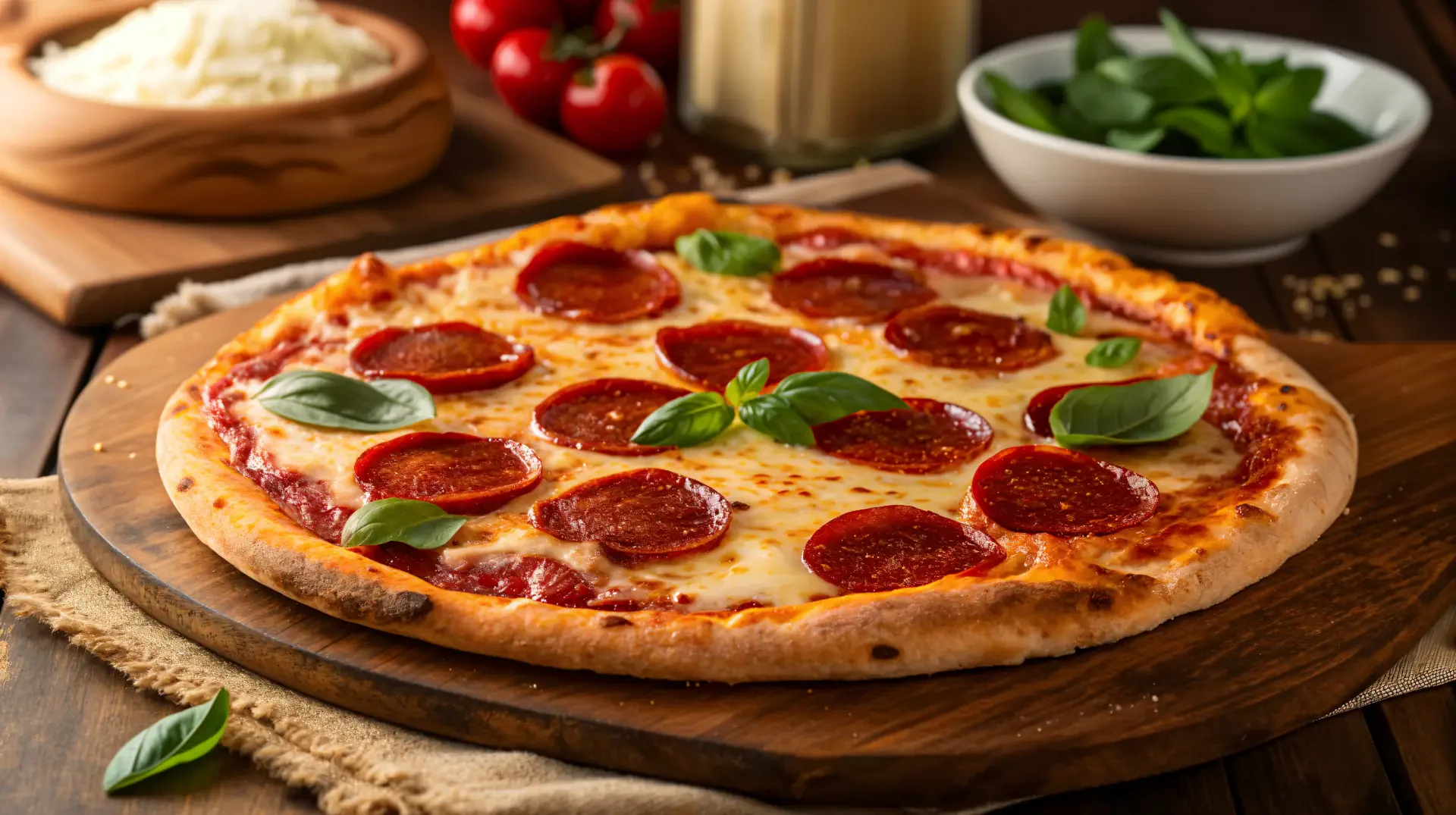 4K Ultra HD desktop wallpaper featuring a delicious pepperoni pizza topped with fresh basil on a wooden board, surrounded by ingredients and kitchen elements.