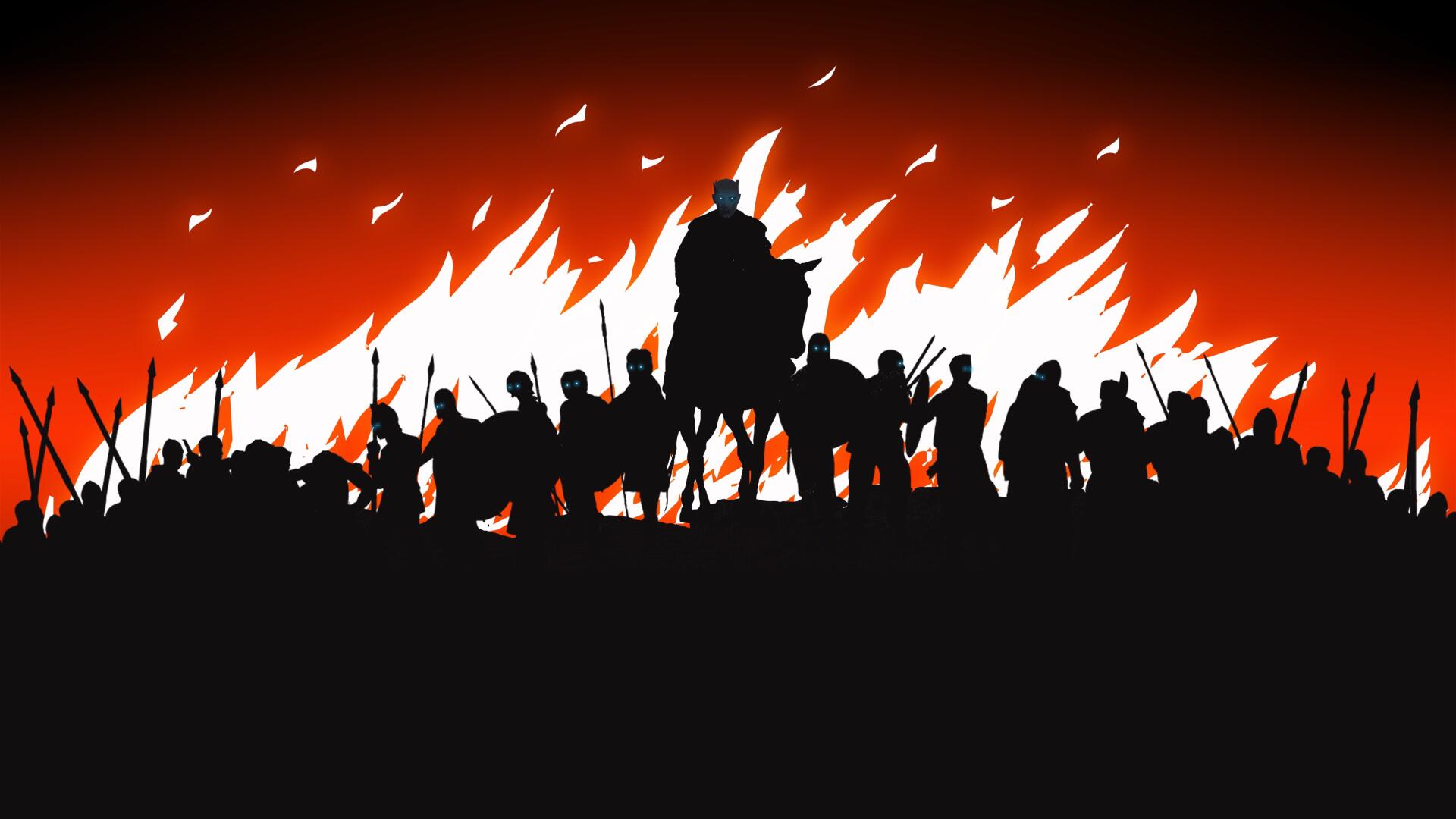 Silhouetted warriors and a mounted figure stand against a blazing fire backdrop in a Game of Thrones 4K Ultra HD PC desktop wallpaper.