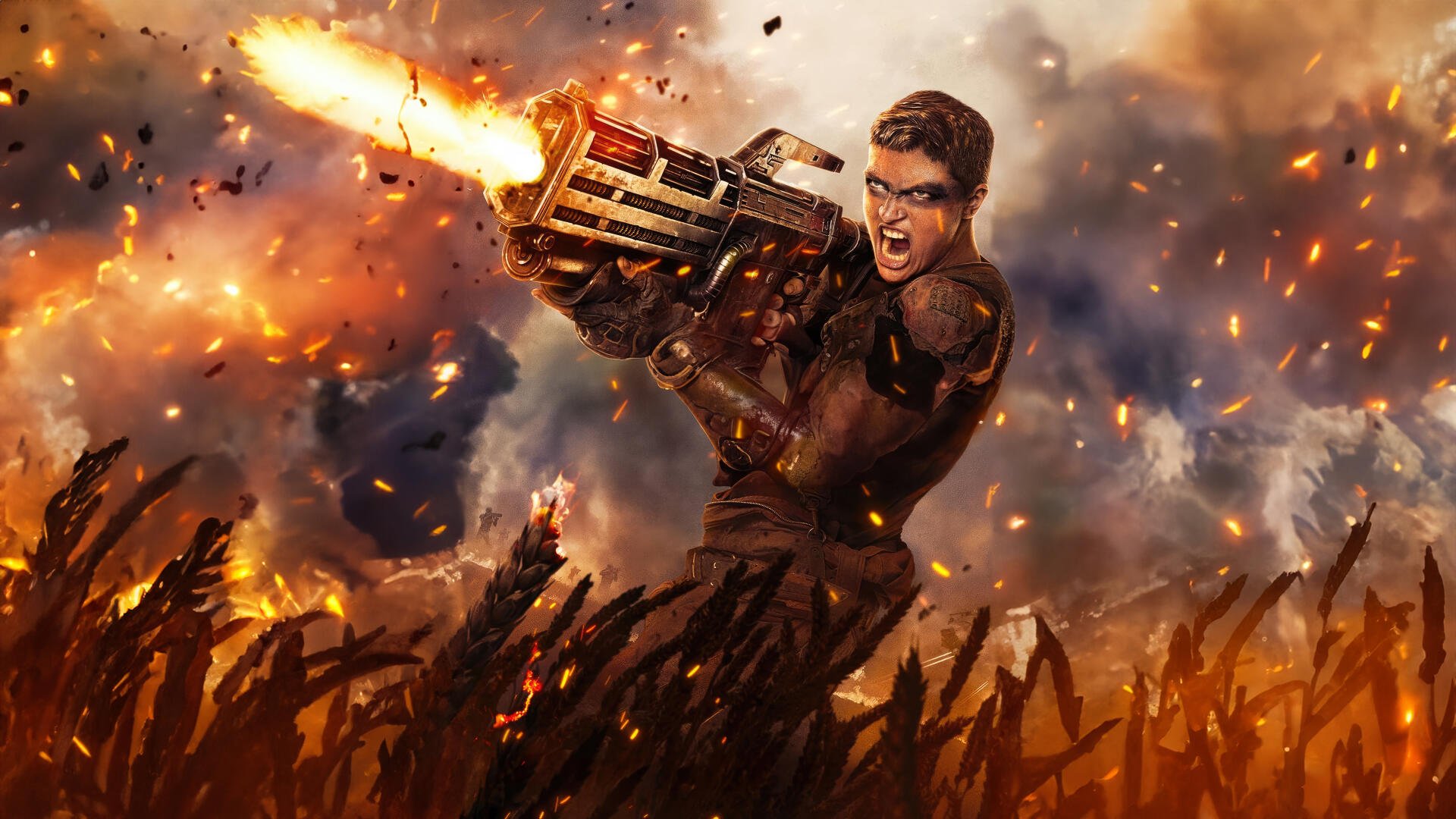 Action-packed scene from Rebel Moon - Part Two: The Scargiver, featuring a fierce character firing a large weapon amid fiery explosions in 4K Ultra HD PC desktop wallpaper quality.