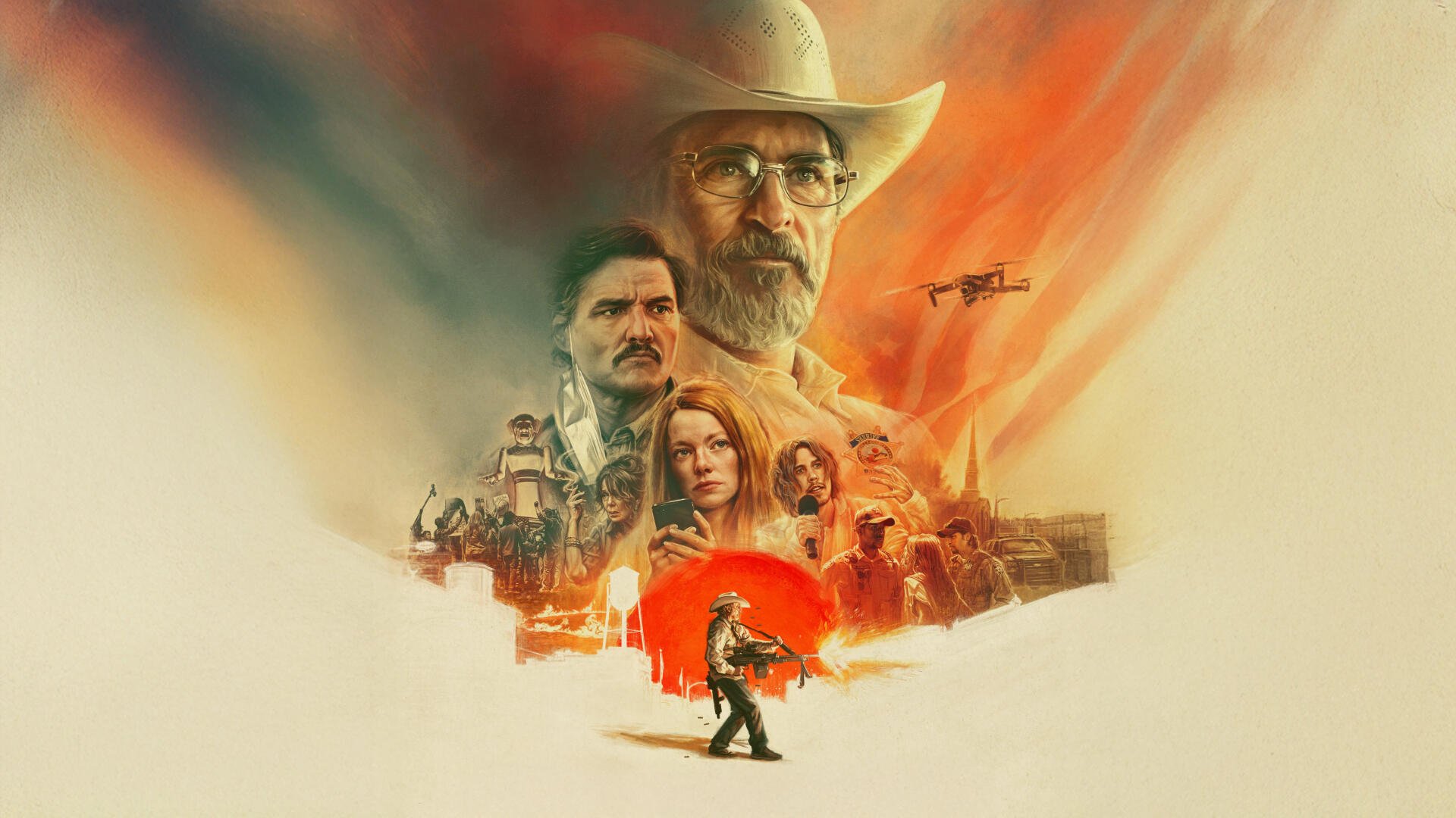 4K Ultra HD PC desktop wallpaper featuring a dramatic collage of characters and scenes from Eddington, blending warm tones and dynamic action elements.