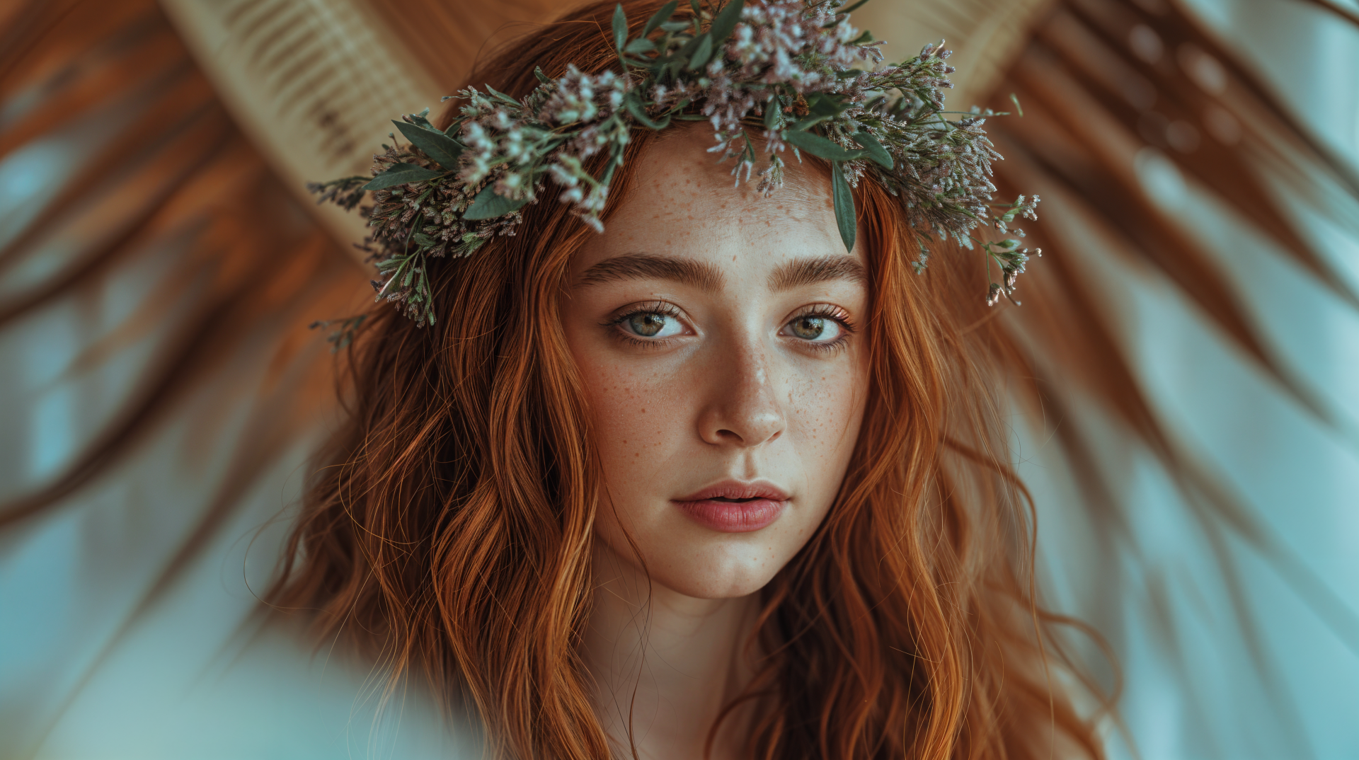 4K Ultra HD PC desktop wallpaper: close-up portrait of a red-haired woman with a dried-flower crown, soft natural light and palm-frond backdrop.