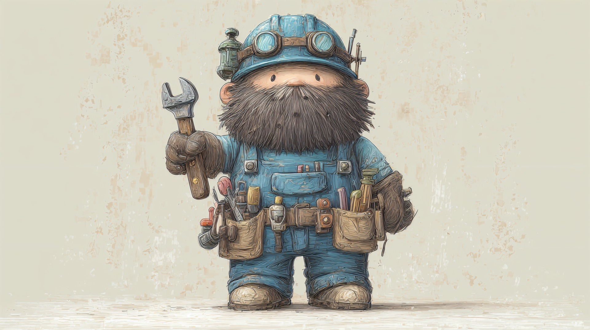 Cartoon bearded handyman in blue overalls with goggles, tool belt and wrench — whimsical 4K Ultra HD PC desktop wallpaper/background.