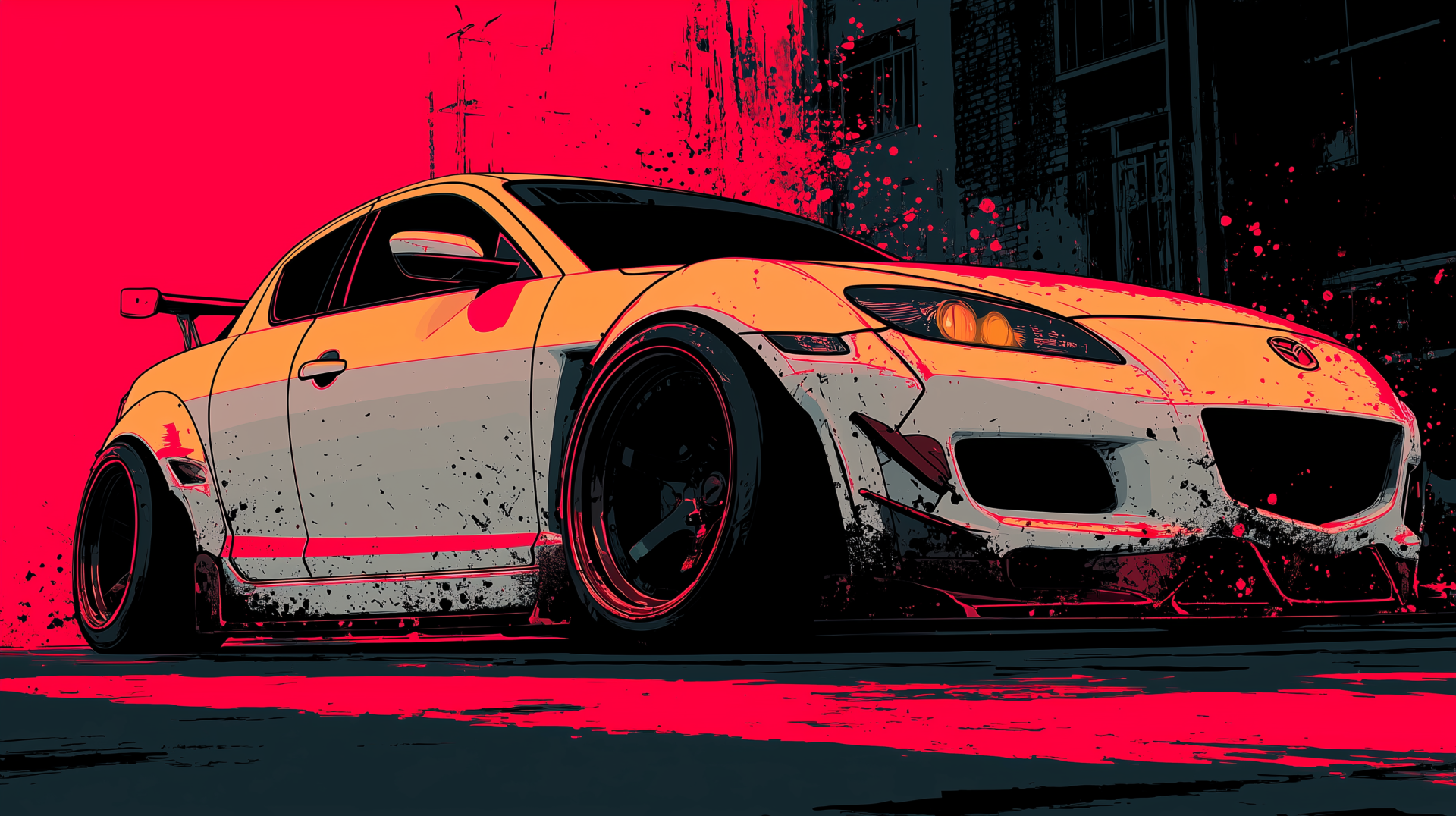 Stylized poster HD PC desktop wallpaper of a lowered Mazda RX-8 with widebody stance, grungy paint-splatter effect and bold red-black color palette, low-angle urban background.