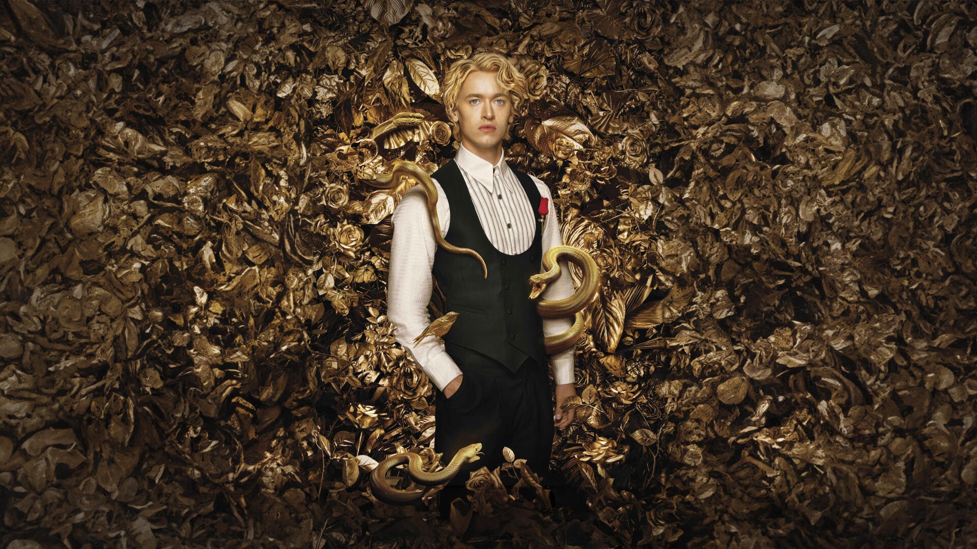 8K Ultra HD PC desktop wallpaper for The Hunger Games: The Ballad of Songbirds & Snakes — blond youth in a formal vest stands amid coiled golden snakes and ornate metallic leaves.