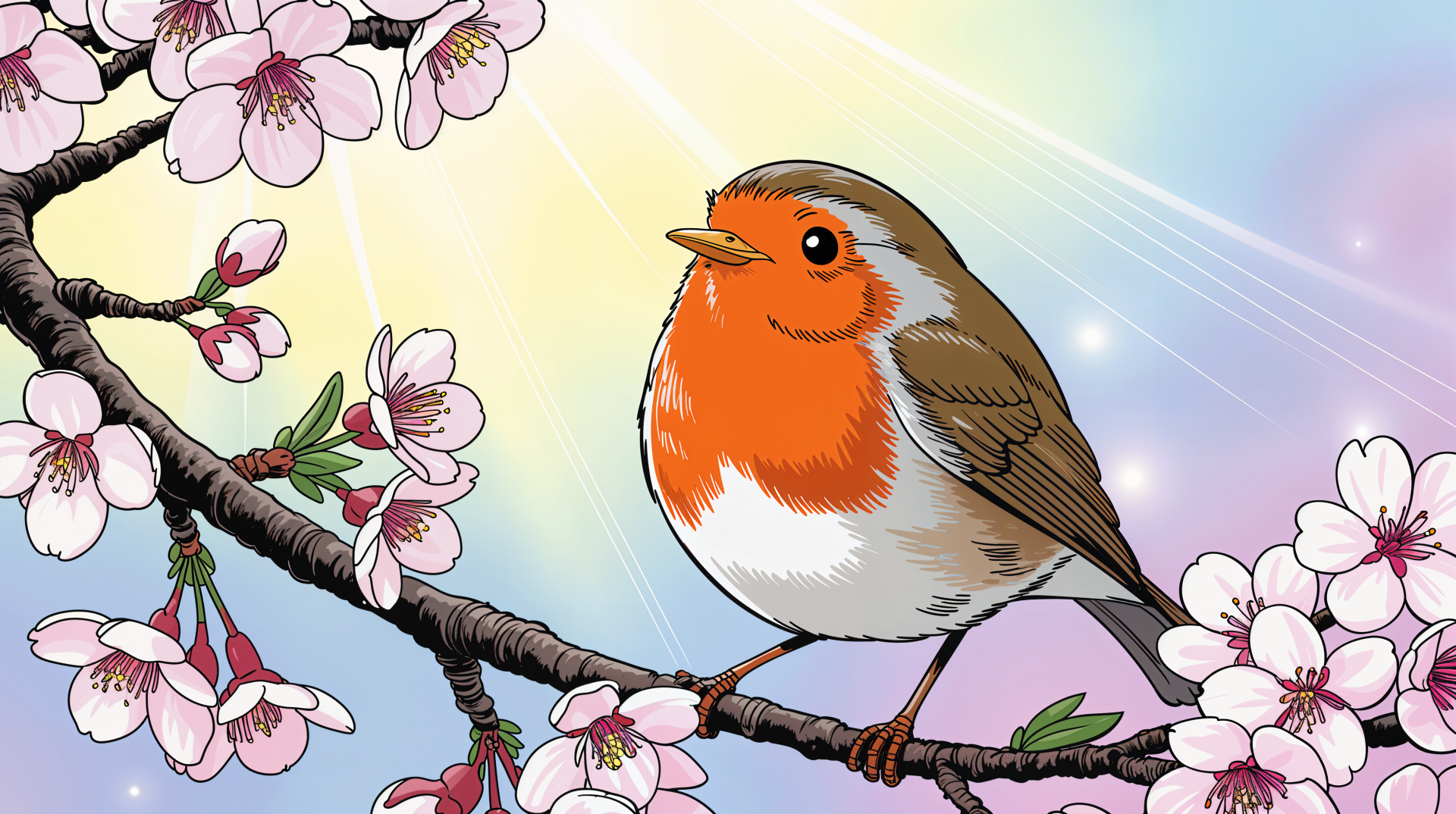 Illustrated robin with an orange breast perched on a cherry blossom branch against a soft pastel sky — 4K Ultra HD PC desktop wallpaper and background.