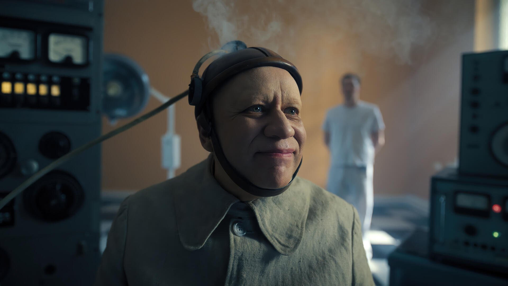 Uncle Fester from the TV show Wednesday in a dim lab, steam rising around his head — 4K Ultra HD PC desktop wallpaper and background.