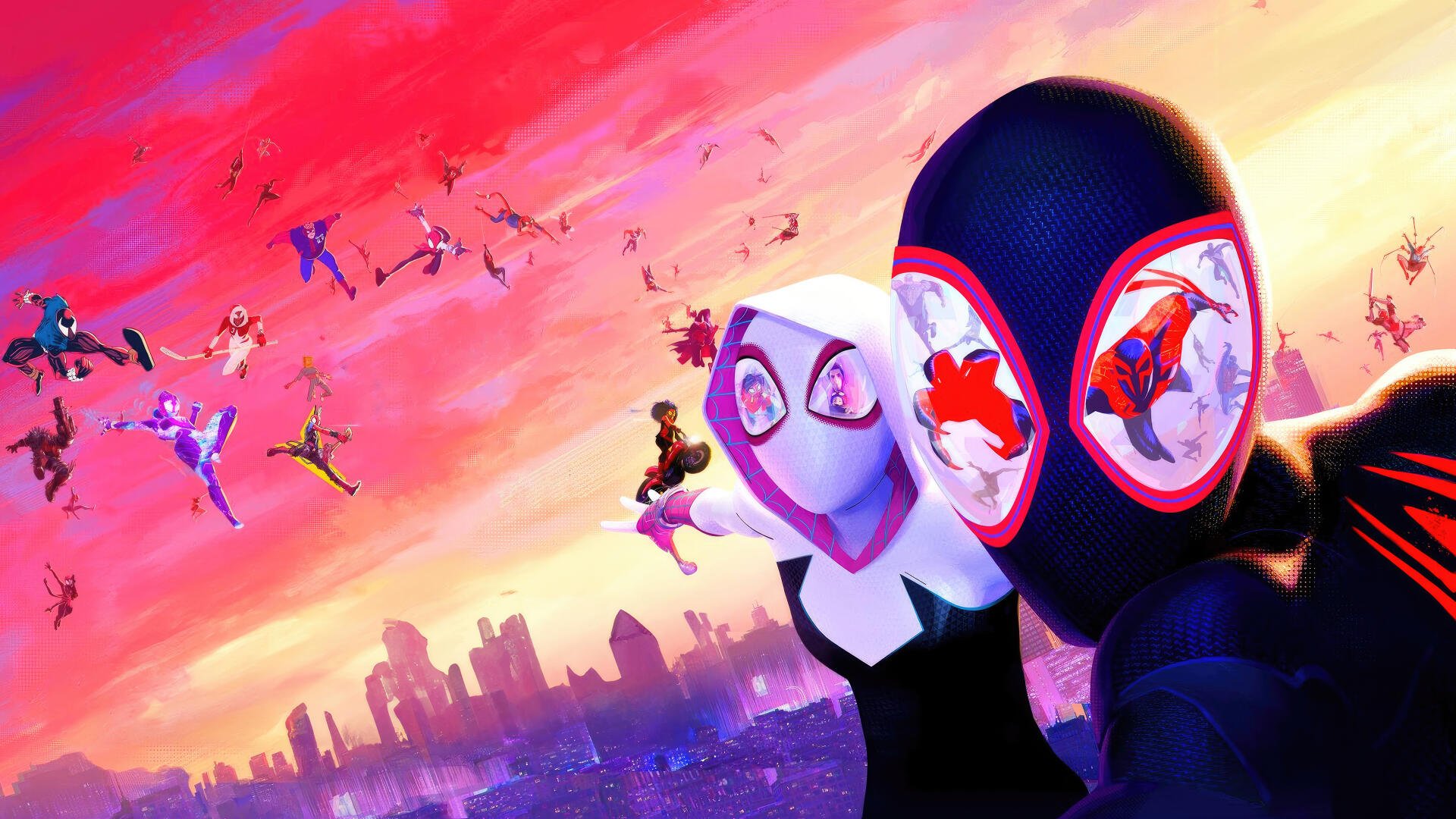 Vibrant 4K Ultra HD PC desktop wallpaper from Spider-Man: Across the Spider-Verse showing Miles Morales and Spider-Gwen in the foreground, other spider-heroes swinging over a neon sunset skyline.