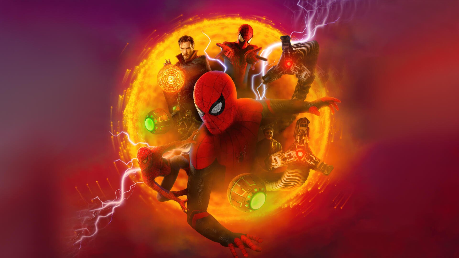 Spider-Man: No Way Home 4K Ultra HD PC desktop wallpaper and background — Spider-Man swings toward viewer through a glowing orange portal as Doctor Strange and masked figures loom amid lightning.