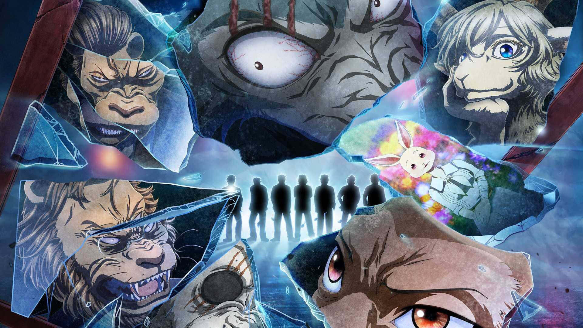 Beastars HD PC desktop wallpaper: shattered-glass collage of intense anthropomorphic faces and eyes encircling a row of silhouetted figures against a blue, electric background.