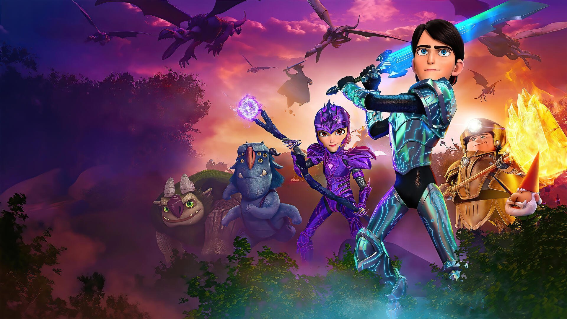 Trollhunters: Tales of Arcadia 4K Ultra HD PC desktop wallpaper and background showing an armored teen hero and allies facing flying trolls beneath a dramatic purple‑orange sky.