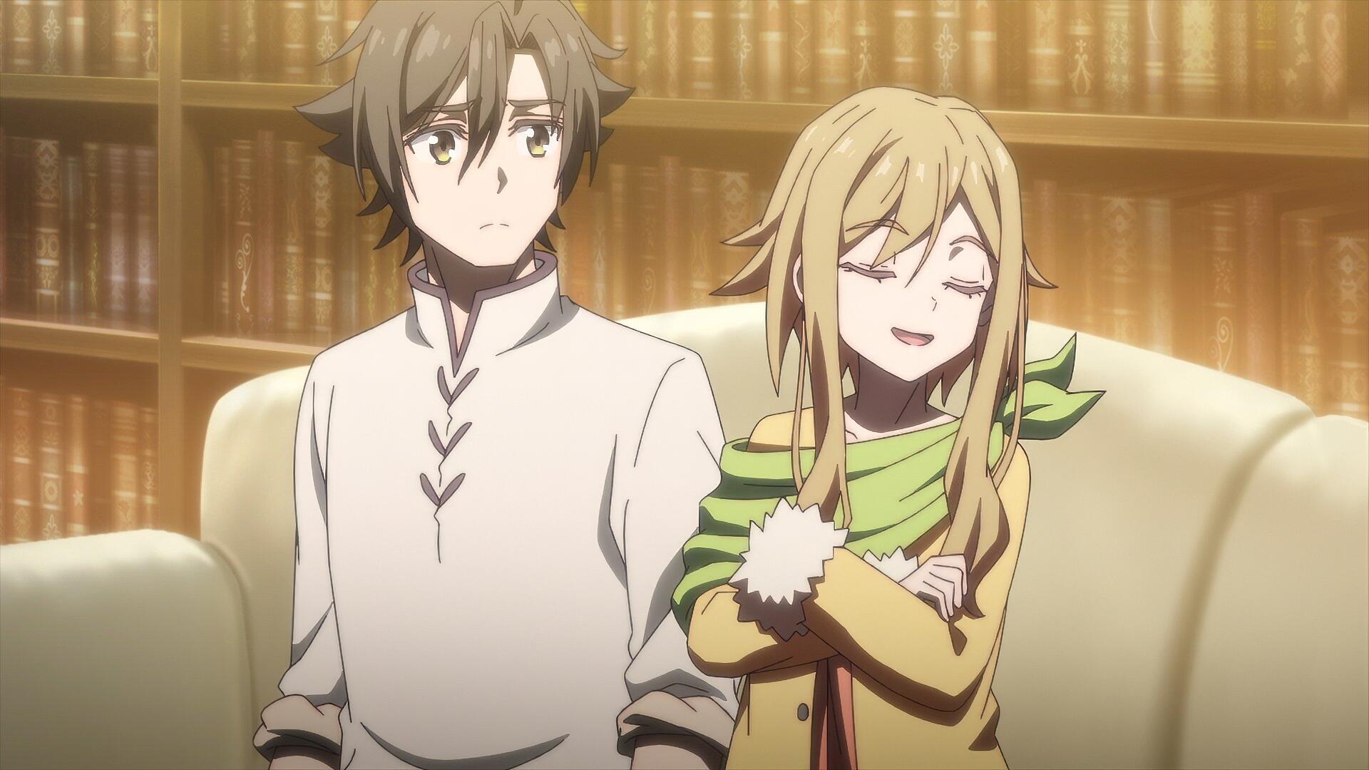 Anime HD PC desktop wallpaper/background — Tsuyokute New Saga: two characters seated on a sofa in a warm-lit library; a serious brown-haired young man beside a smiling blonde woman with folded arms.