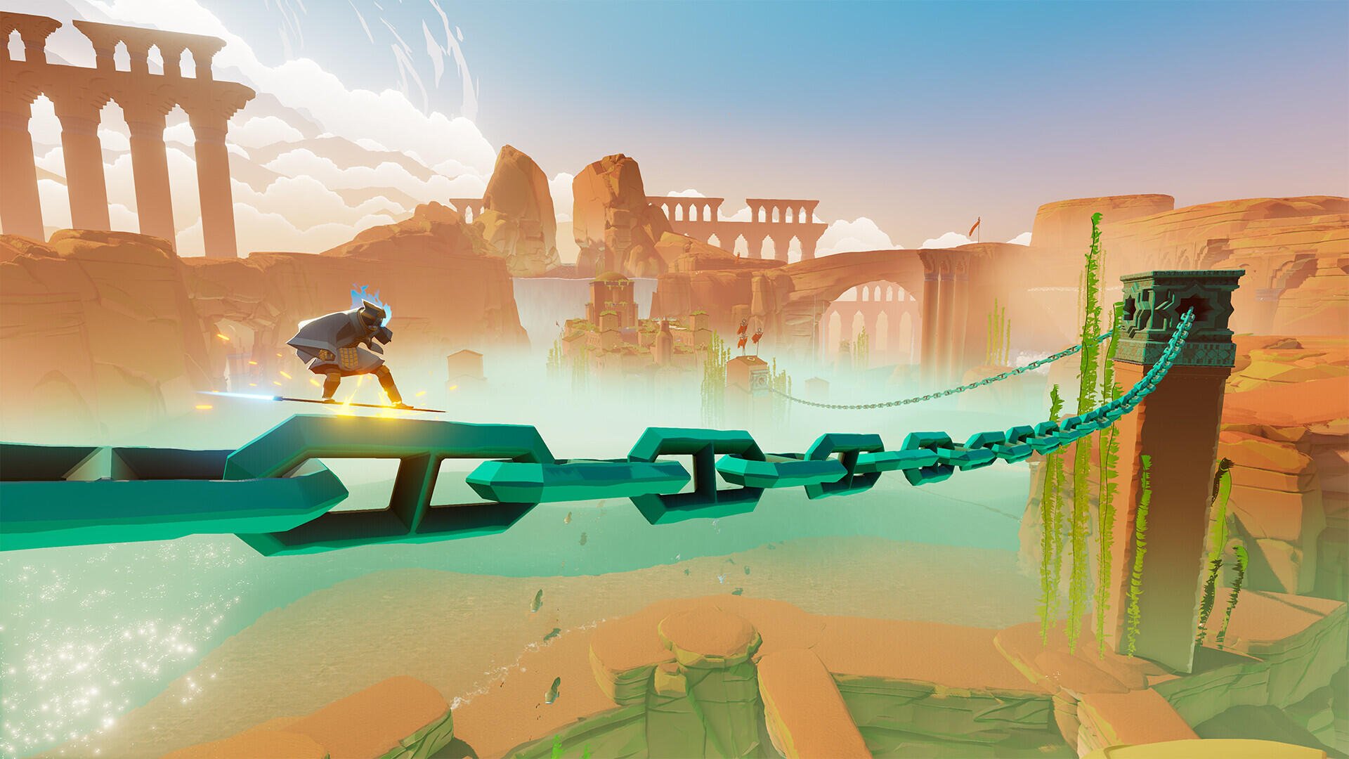 HD PC desktop wallpaper and background for the video game Sword of the Sea: a lone warrior runs across a turquoise chain bridge spanning misty sea-ruins beneath a glowing orange sky.