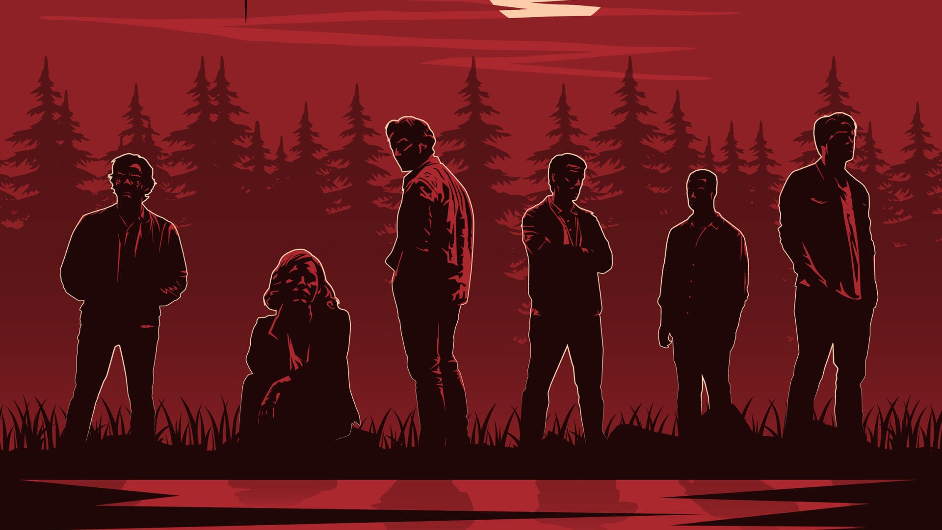 HD PC desktop wallpaper: It Chapter Two — stylized red scene of seven silhouetted figures by a lakeside with pine trees and a moon.