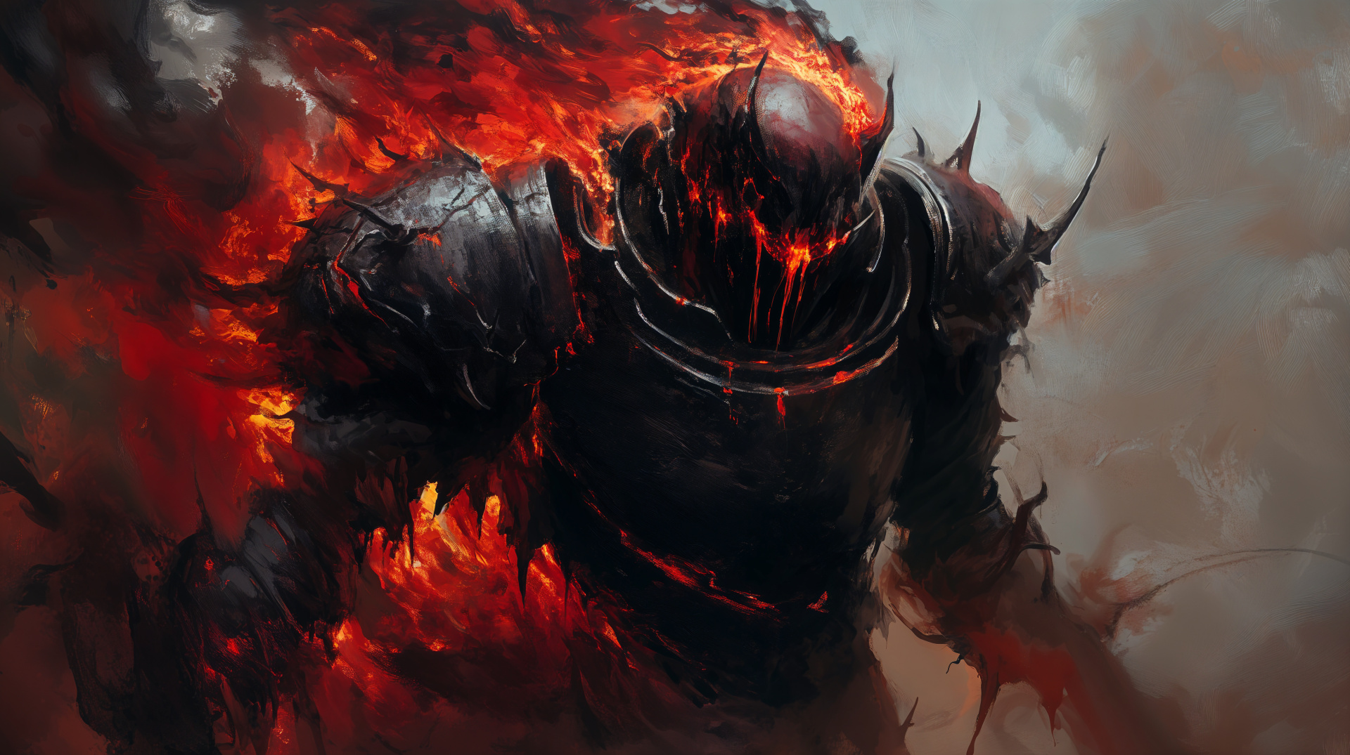 Fantasy knight in cursed, molten black armor ablaze with red cracks and fire — dramatic 4K Ultra HD PC desktop wallpaper background.