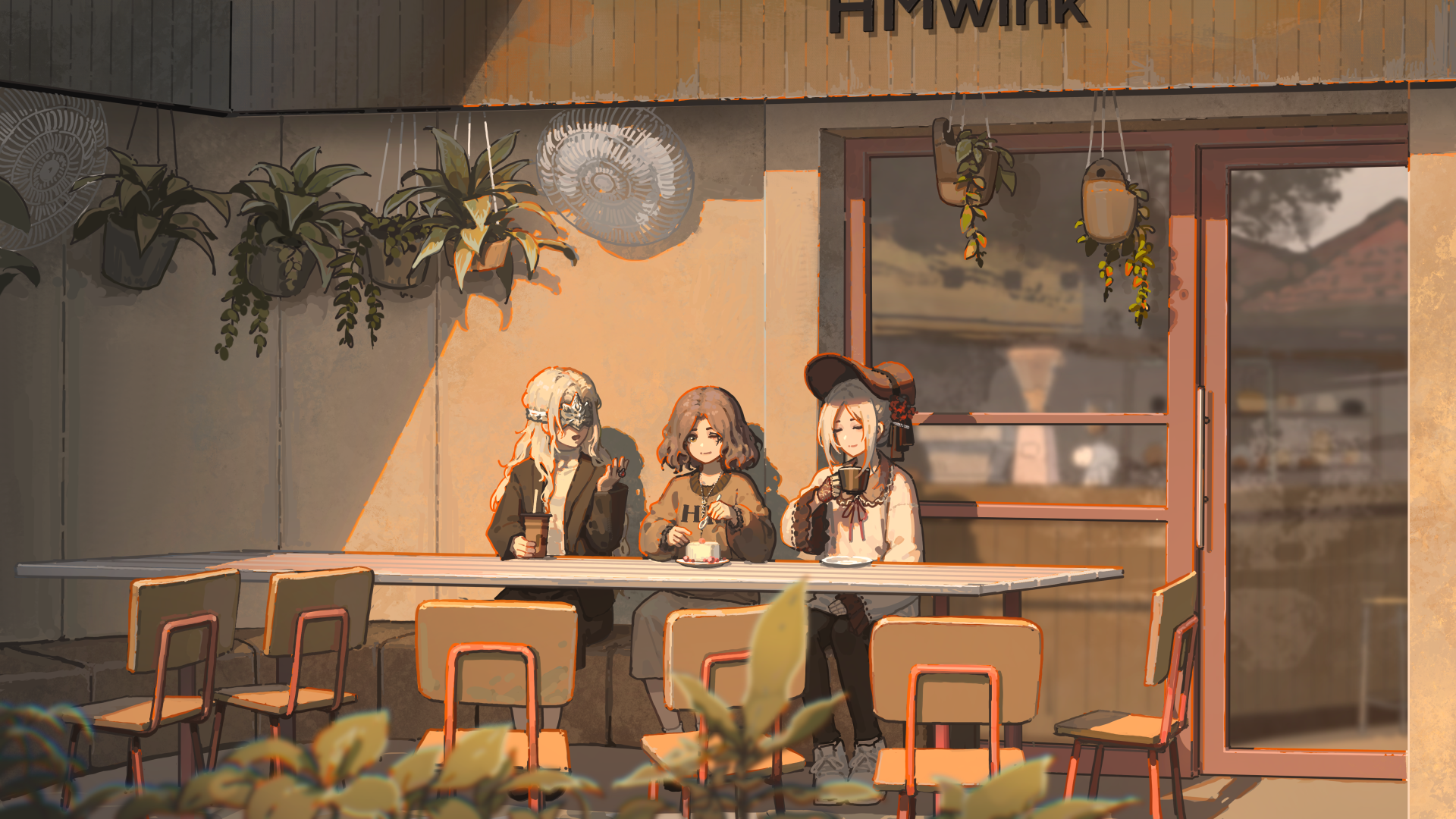 4K Ultra HD desktop wallpaper of three game maidens — Dark Souls' Fire Keeper, Bloodborne's Plain Doll, and Elden Ring's Melina — seated at a sunlit café table in soft anime style.