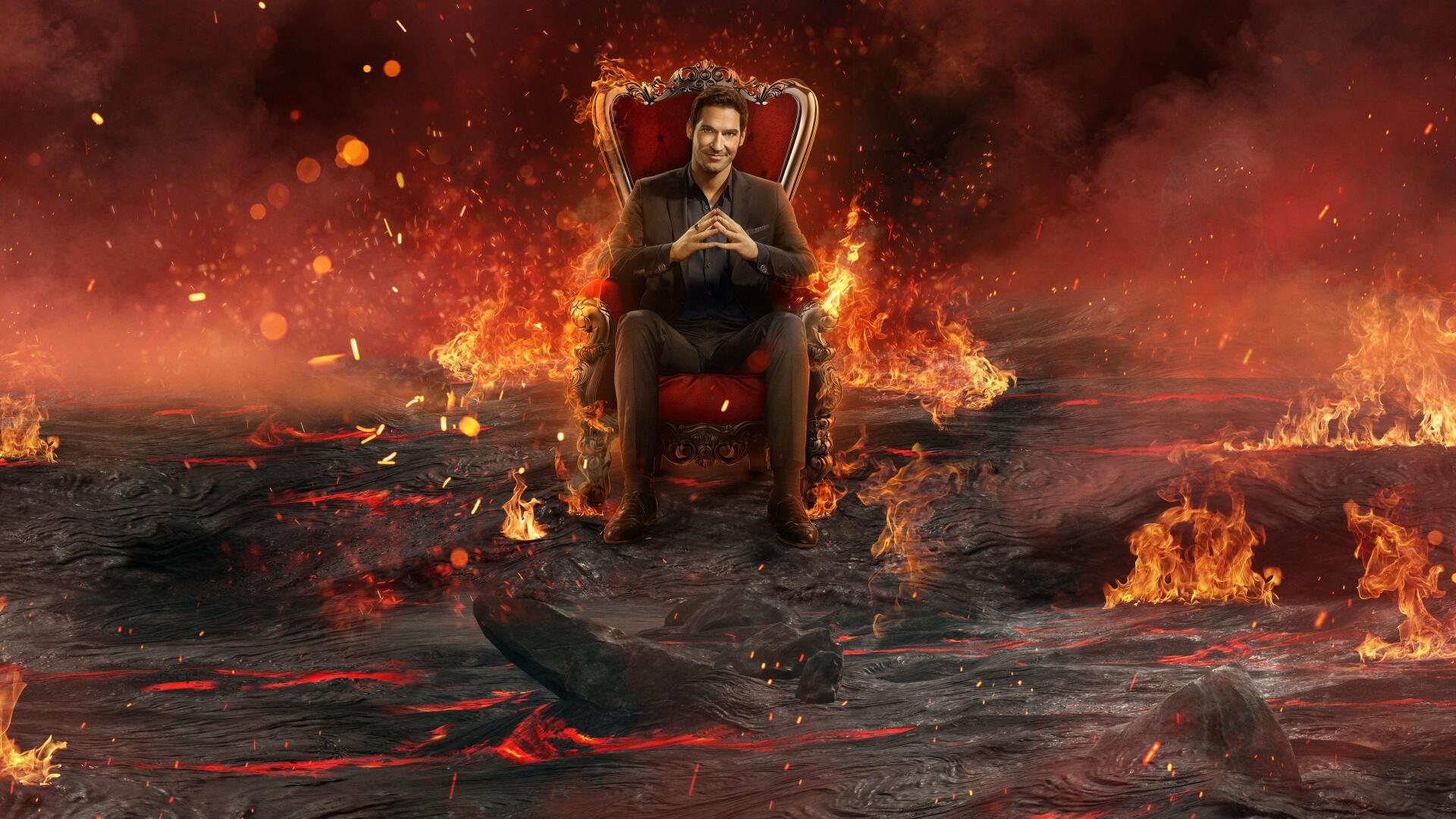 Lucifer seated on a throne amid roaring flames and cracked lava, dramatic 4K Ultra HD PC desktop wallpaper/background.