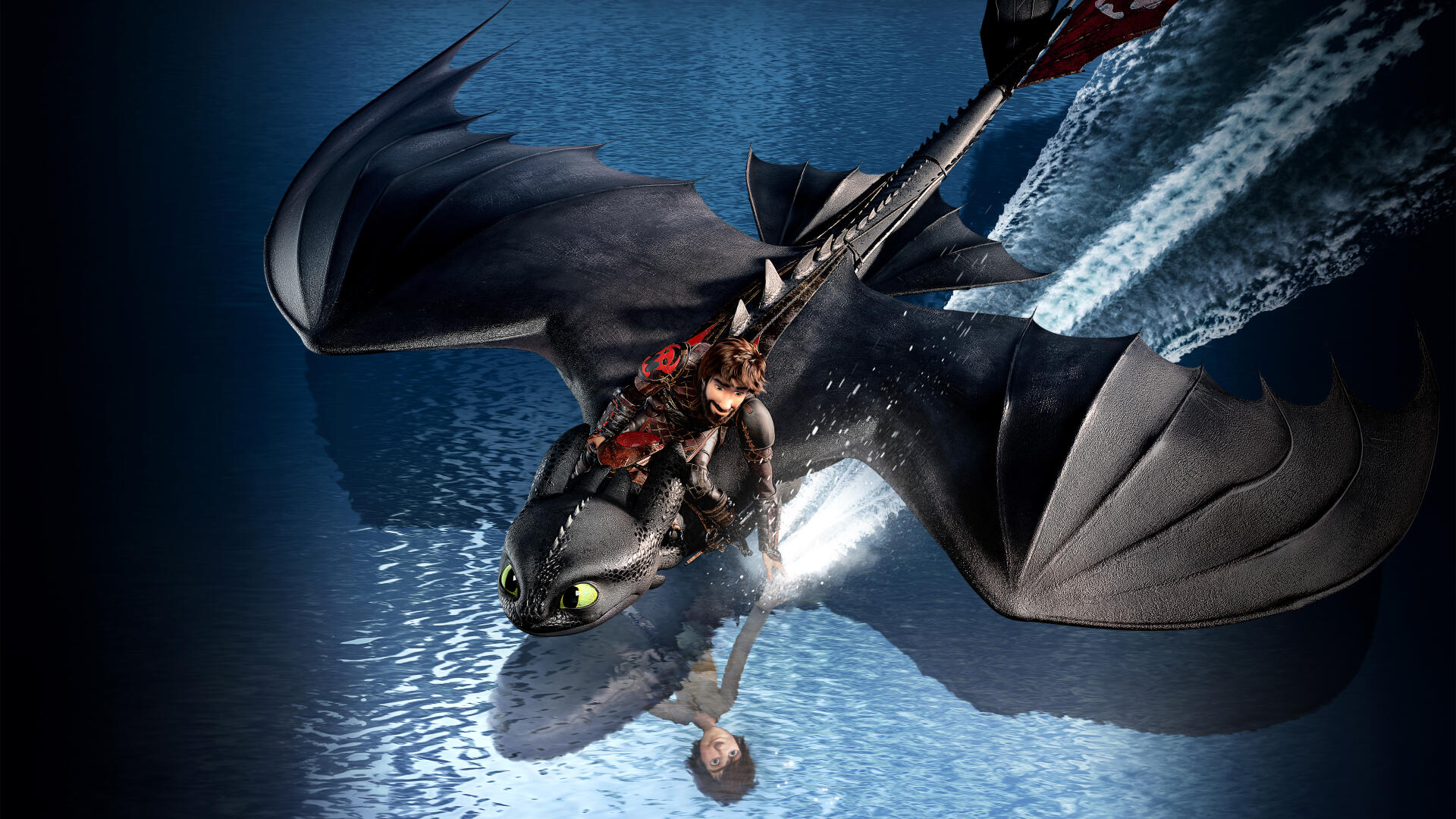 How to Train Your Dragon: The Hidden World — 4K Ultra HD PC desktop wallpaper/background: Hiccup aboard Toothless soaring over shimmering blue water.