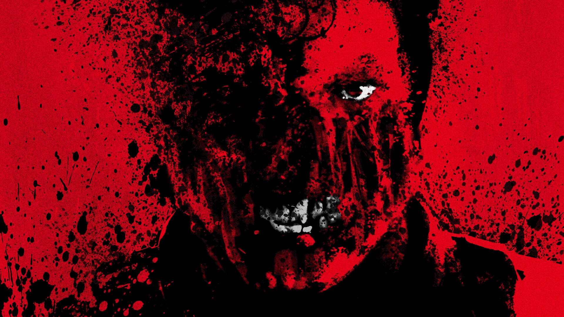 Overlord (2018) 4K Ultra HD PC desktop wallpaper: blood-red splattered portrait of a half-decayed face with one white eye and exposed teeth.