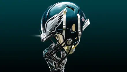 HD wallpaper featuring a detailed Philadelphia Eagles NFL football helmet against a dark background, showcasing the team's iconic wing logo.