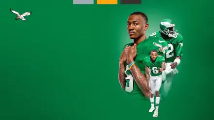 HD PC desktop wallpaper featuring Philadelphia Eagles NFL football players in green uniforms on a vibrant green background with team logo in the top left corner.