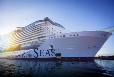 A majestic Royal Caribbean cruise ship, 'Wonder of the Seas,' is docked with a clear blue sky in the background, showcasing its grandeur in this stunning 4K Ultra HD desktop wallpaper.