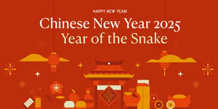 Vibrant HD wallpaper celebrating Lunar New Year 2025, featuring traditional symbols and the phrase Year of the Snake against a bright red background.
