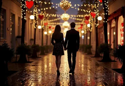 8K Ultra HD PC desktop wallpaper — city night love scene: couple walking hand-in-hand under glowing string lights and heart decorations on a wet, lamp-lit street.