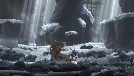 A captivating scene from the video game Ender Magnolia: Bloom In The Mist, featuring a character in a serene, snowy landscape surrounded by towering rocks and ethereal light.