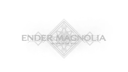 Logo for Ender Magnolia: Bloom In The Mist, featuring intricate designs, set against a textured background, designed as an 8K Ultra HD PC desktop wallpaper and background.