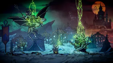 A vibrant 4K Ultra HD wallpaper from Tails of Iron 2: Whiskers of Winter, showcasing a dramatic battle scene with fantastical creatures amid an eerie, atmospheric landscape.