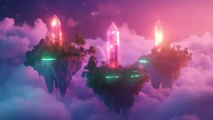 A breathtaking ethereal scene featuring three glowing pink crystals atop floating islands, enveloped in soft clouds, perfect for a HD desktop wallpaper or background.