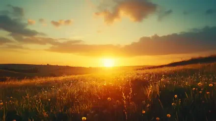 Golden hour light bathes a serene natural landscape with wildflowers and a distant horizon, captured in vibrant HD for a PC desktop wallpaper background.