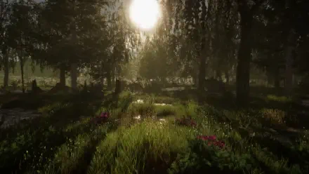 A serene nature scene from the video game The Quinfall, featuring vibrant greenery and soft sunlight filtering through a forest, creating a peaceful atmosphere. HD PC desktop wallpaper.